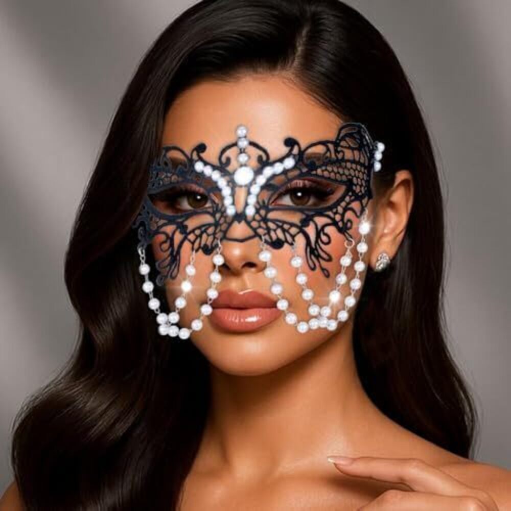 5130 Pearl Masquerade Mask Black Lace Masks Prom Costume Party Eye Mask